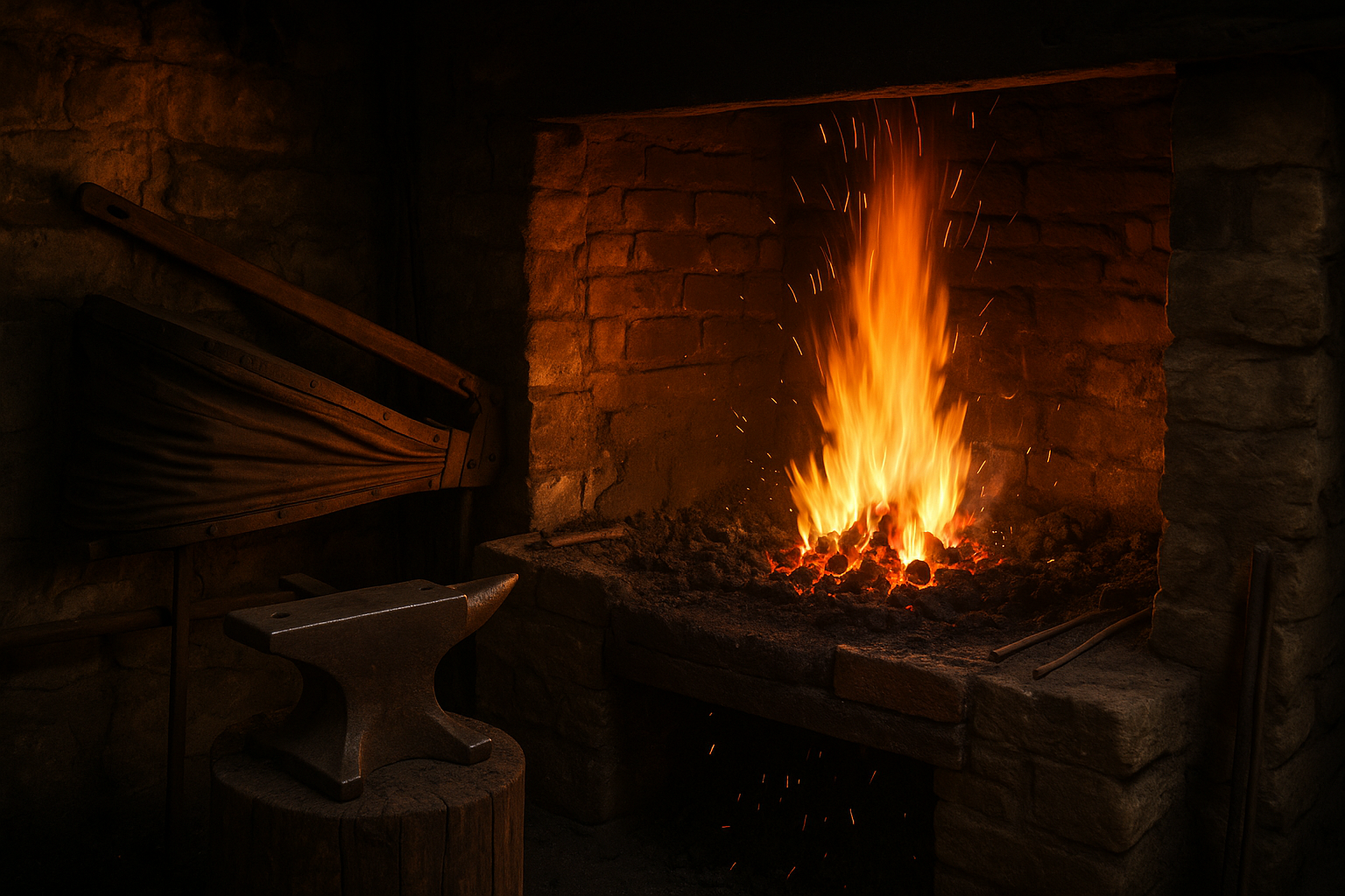 AN OLD FASHION FORGE WITH THE FIRE BURNING